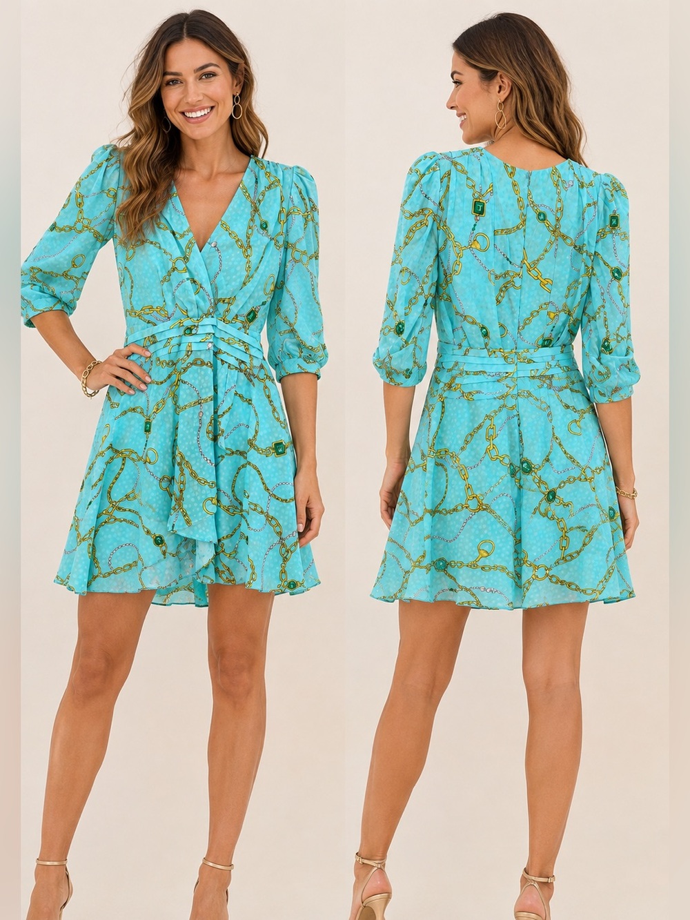 Ronny Kobo Turquoise Chain Print Dress XS ✨ Designer Statement Dress